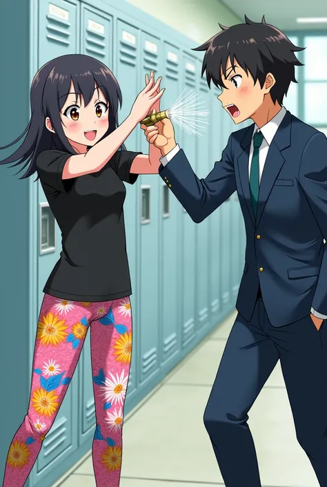 Anime Girl in Floral leggings and Black short sleeve shirt spraying a male student in a suit with a hose, making him annoyed. 