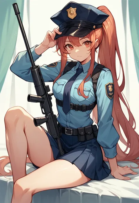 Cute girl, Long ponytail hair, skirt, police hat, sniper, sit