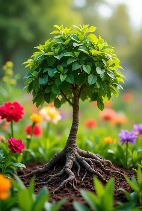 A close-up of a small tree in a vibrant garden, its roots partially visible beneath the rich brown soil. Bright flowers and plants surround the tree, their colors popping against the lush green grass