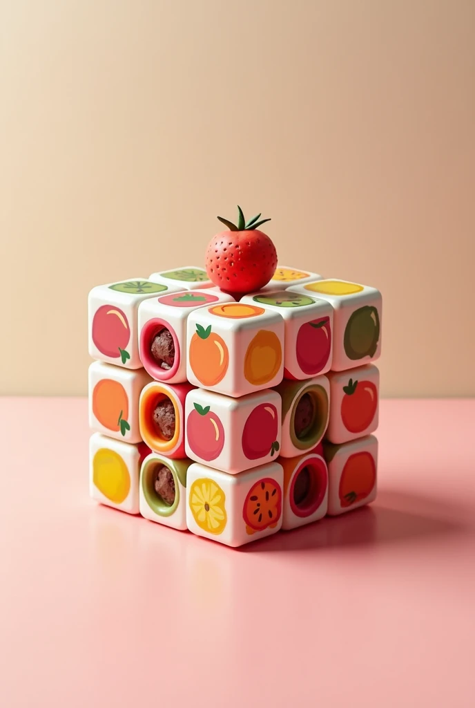 I want a product design image ,the description is "it should be a rubic cube and puzzles of fruit images can be placed in the outer cover of the rubic cube and some chocolates must be kept inside the rubic cube so that the box should be fixed to get the ch...