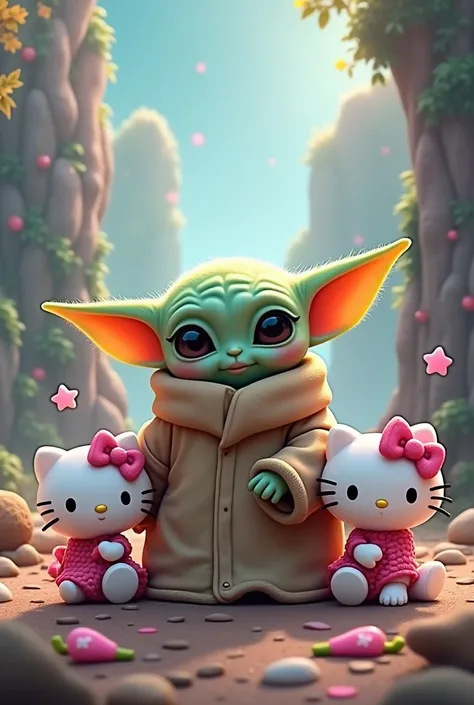 Baby Yoda with the characters Kuromi and Mymelody from Hello Kitty