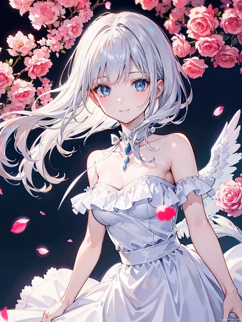  (8K, 4K, Best Quality, High Resolution: 1.2) ,1 girl, megami magazine, white hair, short hair, blue eyes ,a beautiful woman with golden eyes, long silver hair, and fair skin wearing a white evening dress standing in a rose field with red flowers and flyin...