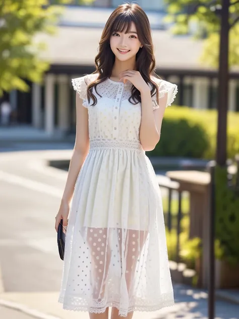 photo-realistic quality、a 20-year-old japanese model is standing in a white dress、 rococo ruffles dress, white with black spots,...