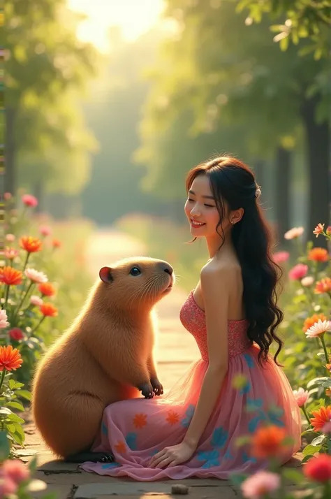 Create an image of an Asian, beautiful woman, smiling next to a capybara. The scene takes place in a sunny park, surrounded by green trees and colorful flowers. The woman wears an elegant, colorful dress and has long, shiny hair. The capybara sits relaxed ...