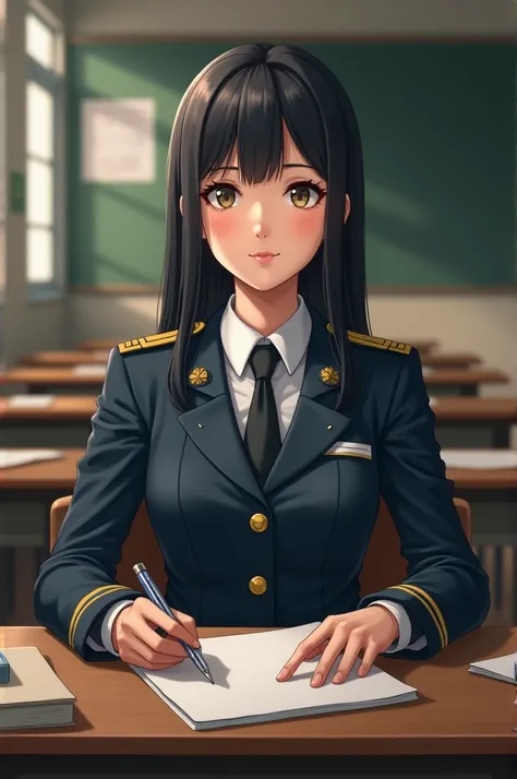 Une femme en uniforme Assise dans une salle de classe 