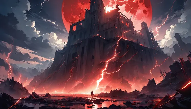 ((full moon)),(masterpiece:1.2),超High resolution, Attention to detail, high quality, High resolution, 最high quality, 4K, 8k、so beautiful、landscape、landscape画、Endless red sky、Lightning strikes、Terrible atmosphere、night、There are many ruins there。Demon King&...