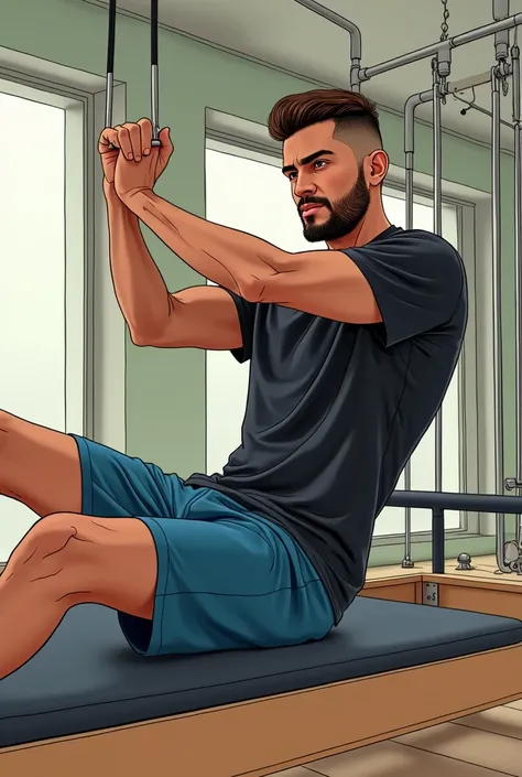 Brazilian man, short beard, brown eyes, brown hair, short fade, side hairstyle, scraping both sides, wearing blue shorts and a black t-shirt, practicing Pilates with the springs of the Cadillac apparatus, In manga style