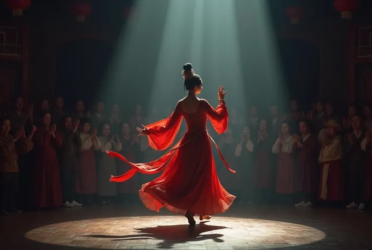 
A dunhuang dancer is dancing on the right side of the stage and on the left side of the stage the audience is applauding. drawn in darkest dungeon style. The light shines from the top left onto the dancer standing on the stage