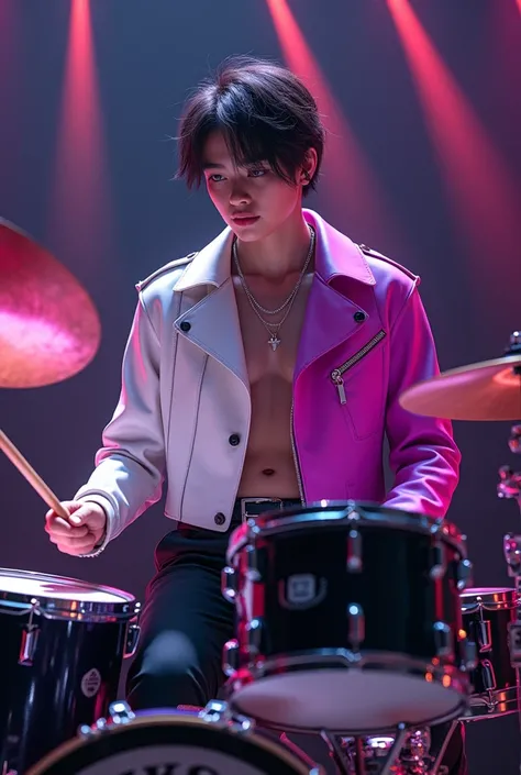 I want you to create a teenager who is a teenager, wearing a band member&#39;s costume, with the jacket half white and half magenta, in long sleeves close to the body, and the black pants. to be seen playing a drum 