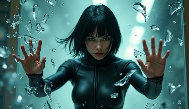 ghost in the shell inspired female heroine bursting through a glass window towards the camera, human hands, shards of glass flying everywhere, best quality, dramatic lighting and futuristic atmosphere