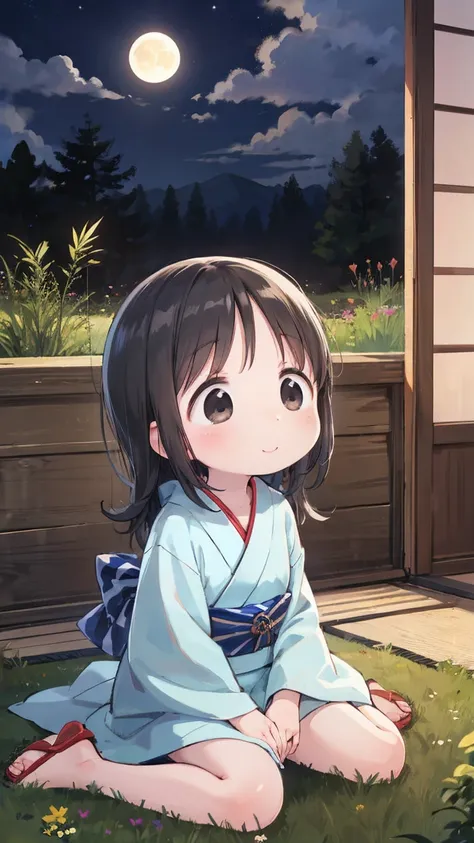 cute, meadow, ((silver grass)), kimono, (solo), ((loli)), baby face, long hair, ((glossy black hair)), black eyes, sitting, blush:1.5, happy smile, medium breasts, moon night, looking up, ((looking away:1.5)), windy:1.5, flip-flops, ((Japanese room,veranda...