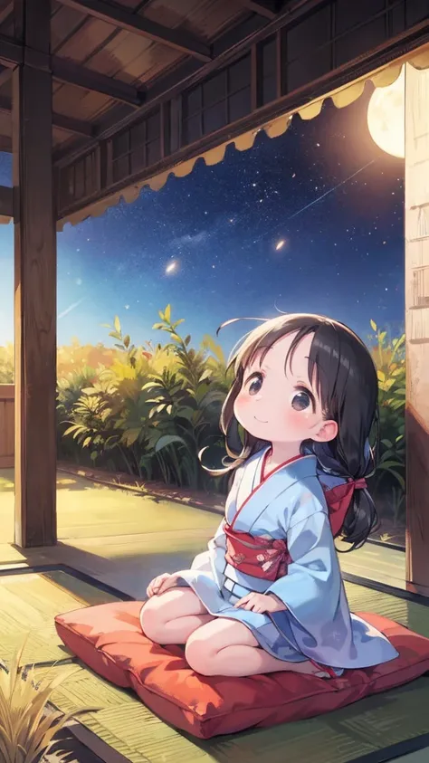 cute, ((silver grass)), kimono, (solo), ((loli)), baby face, long hair, ((glossy black hair)), black eyes, blush:1.5, happy smile, medium breasts, moon night, looking up, ((looking away:1.5)), windy:1.5, flip-flops, ((Japanese room, sitting on the veranda)...