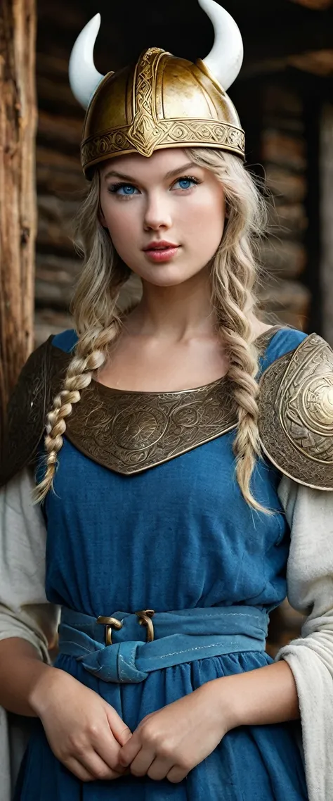 Side view, Viking girl,12 century,  looking at viewer, Sweden Young girl, beautiful female, Taylor Swift, holding Scottish Fold, (Highly detailed face, Ordinary eyes, Blue  eye,  gold hair, Variegated eyes, Fuller lips, little Lips, little smile), (Middle ...