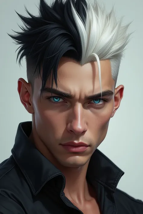 A man with black and white hair, a good figure, and blue eyes.

