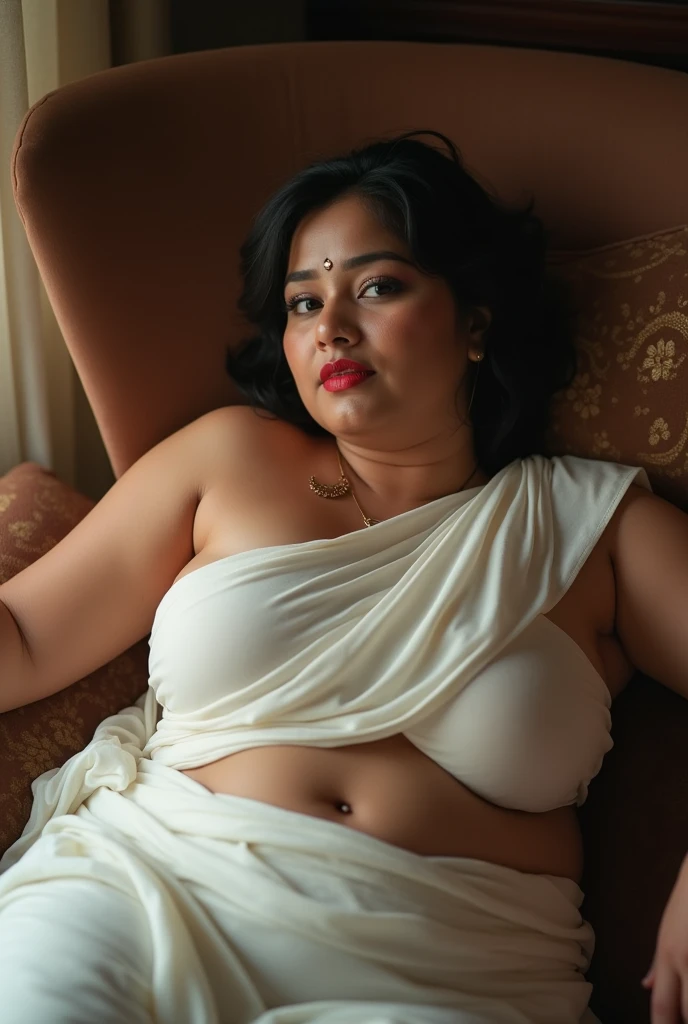 (photorealism:1.2), hot chubby 4 horny kerala aunty, lying on the sofa showing navel and boobs,has red lipstick, have a hickey on her neck ,wearing white saree showing navel , short straight hair.