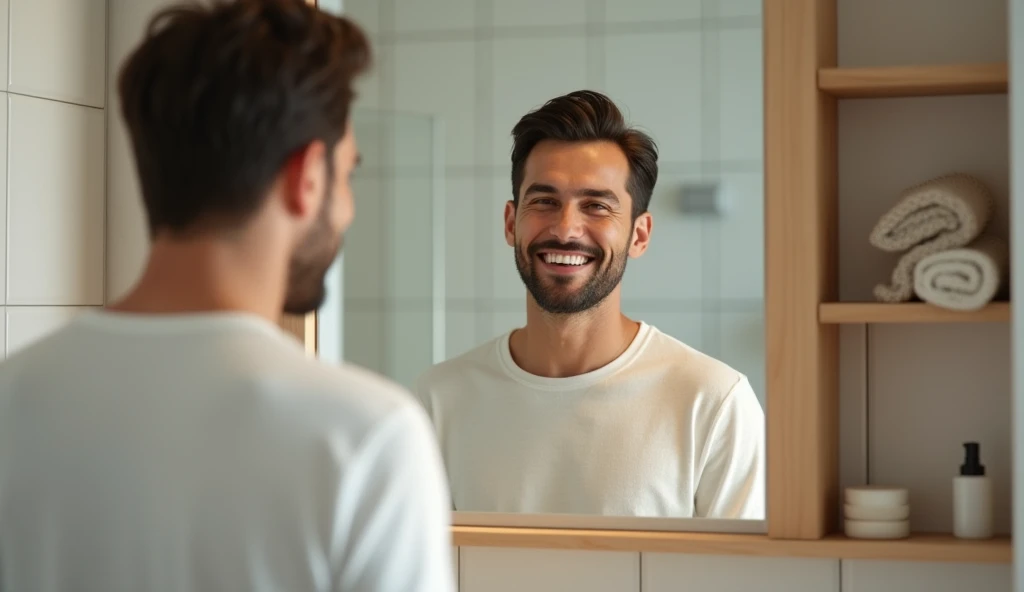 A man smiling at himself in the mirror