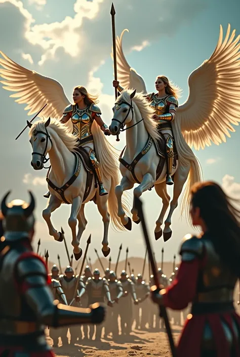 Female Valkyries ride into battle flying on Pegasus, armed with light, open, short armor, a shield, sword and lance and a cloak for protection and attack. Against an army of titans and female darkelves for defense in a row formation ready to fight and defe...