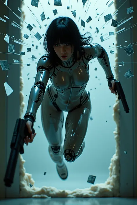 ghost in the shell inspired sexy cybernetic female heroine diving through a glass window towards the camera, gun gripped in each hand ,(human hands), shards of glass flying everywhere, best quality, dramatic lighting and futuristic atmosphere, legs bent at...