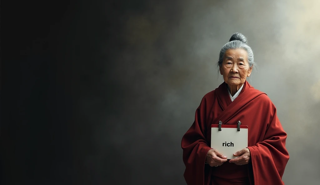 Create a realistic portrait of an elderly Buddhist grandmother with gray hair, standing on the right side of the frame. He has a calm and serene expression and looks directly at the viewer. He has a calendar showing "rich" in his hand. She has her hair nea...