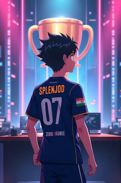 A Anime Man is playing Pubg mobile game facing towards big trophy with pc in Esports arena, wearing a Esports jersey kit number 07, has "SPLENJOD"written on his jersey backside With Team Name ZEROXDEGREE and has logo of india flag on his arm standing