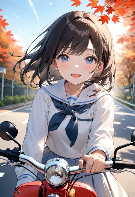 (Masterpiece, BestQuality), (HONDA SuperCub), Beautiful Detailed bike(SuperCub), and a Tween Girl, joy,Clear Blue Sky in September, Road to School, Maple Leaves, Lens Flare,portrait,