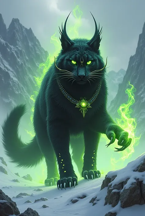 Black mountain lynx, 3 tails, hairy, green flame around him , long nails, with long spikes and horns around head, royal neckless, seddle, royal forehead and legs jewellery, standing ready to fight , snow storm around, mountain background, angry stand