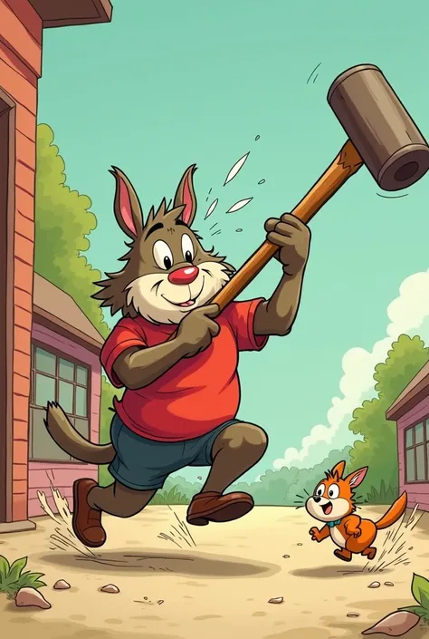 {cartoonish 1.1} A old timey animal chasing another little animal while holding a comically big toy hammer