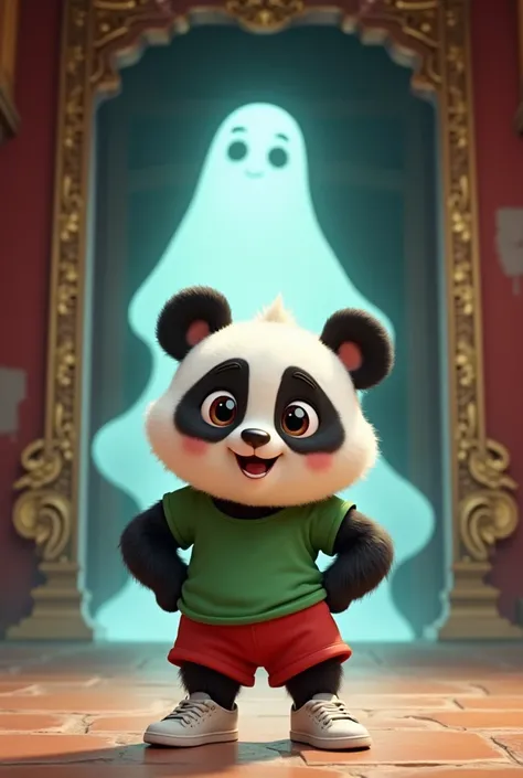 Cartoon panda character with a round face and large expressive eyes, wearing a green t-shirt and red shorts and white sneakers Image prompt: Cartoon panda character standing confidently in front of the ghost, with a clever expression, inside the temple.
