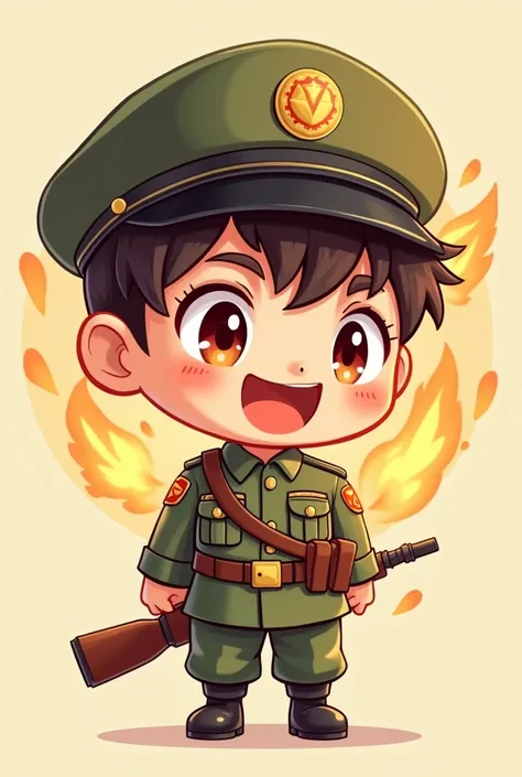 Happy chibi solder with fire in his eyes in 2d art style with warm colours , only 3 colours