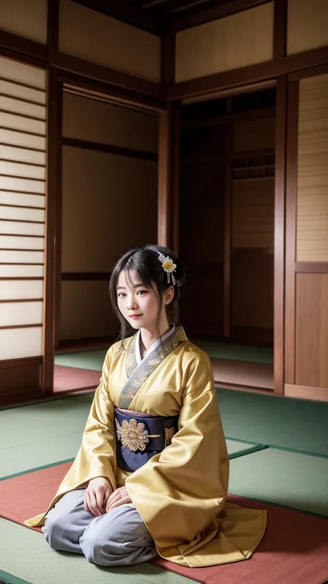 Sei Shonagon is elegantly dressed in a traditional yellow kimono, leaning slightly as she curiously observes three court nobles. The three nobles, standing and sitting together in luxurious Heian-period attire, are the focus of the scene. They are quietly ...