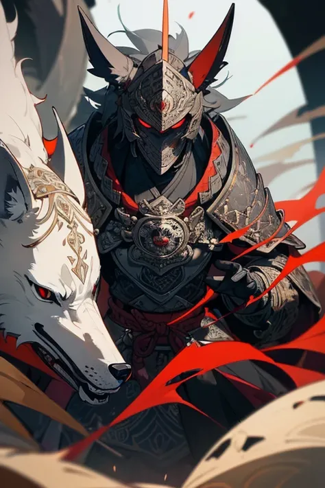 ((Masterpiece)).Wolf Knight, Fine Armor, Intricate Design, Silver, silk,8k, sharp、Observe the audience、Red eyes、Create with this image in mind、Samurai Armor、((Strong details)).