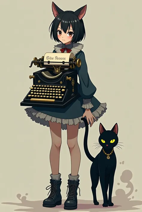 Woman with short black hair dressed as a typewriter next to her black cat with yellow eyes and a long anime tail 