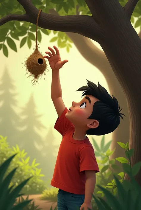 a boy juan trying to fetch A wasps nest hung on a tree he is wearing a red shirt an not that big wasp nest just small