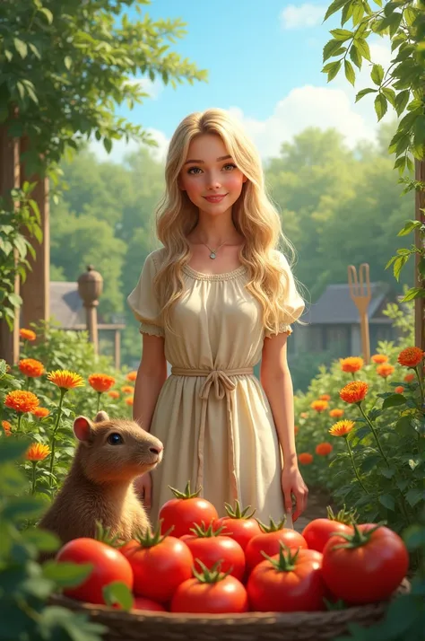 Create a picture of a young, Russian woman with blonde hair, who is standing in her garden with the tomatoes. She wears a pretty, light dress and smiles contentedly, while looking at the ripe tomatoes. The garden is lush and blooming, with many green plant...