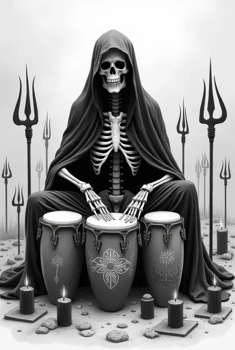 Pencil illustration of a skeleton in a black cloak playing 3 congas with indigenous designs with his hands, around many black tridents and black candles decorating the floor, in a cemetery 