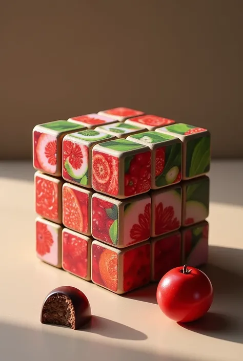 I want a product design image ,the description is "it should be a puzzle of fruit image that can be in the form of a rubic cube and some chocolates must be kept inside the puzzle rubic cube so that the puzzle of fruit image should be fixed to get the choco...