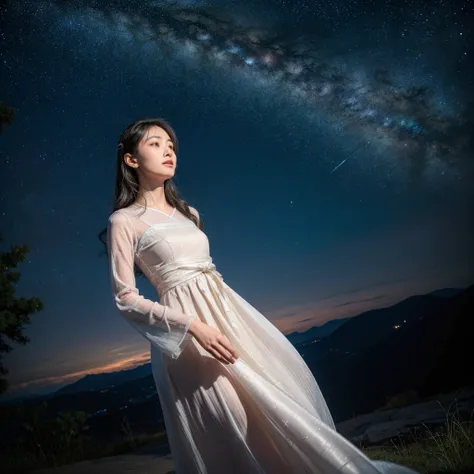 Focus on starry sky of summer. A Japanese woman facing away and looking up at a night sky filled with twinkling stars. She is wearing a seer white award-winning dress and her face, slightly blurred by the darkness, shows a subtle smile. The scene is serene...