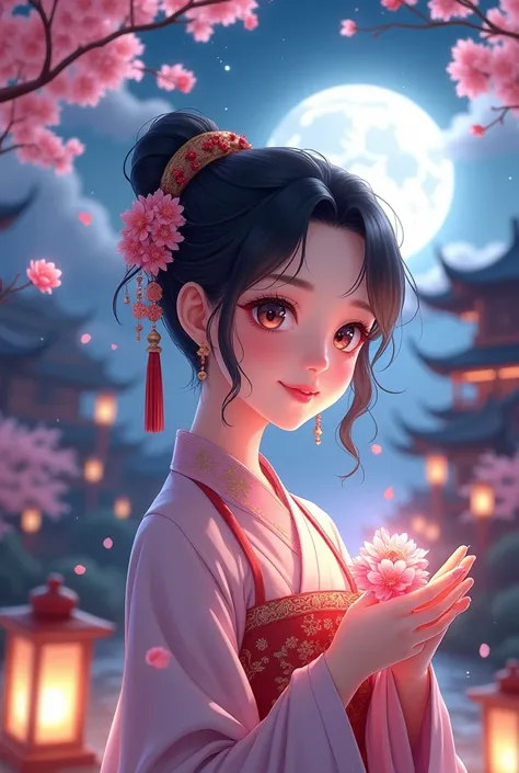 A cute little beauty with classic Chinese style，have big eyes，Holding plum blossoms in hand with head tilted and tassels in hair facial features big bright eyes smiling lips smiling sweetly in a traditional asian pagoda,Surrounded by peach blossom trees un...