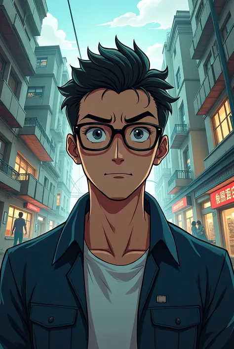 (Panorama) In serious 3D comic style. The whole look of Eron Mask is a handsome man of average height and slim build. He has short, dark hair and piercing, szare oczy, which are often hidden behind glasses. His face is usually serious and focused., but can...