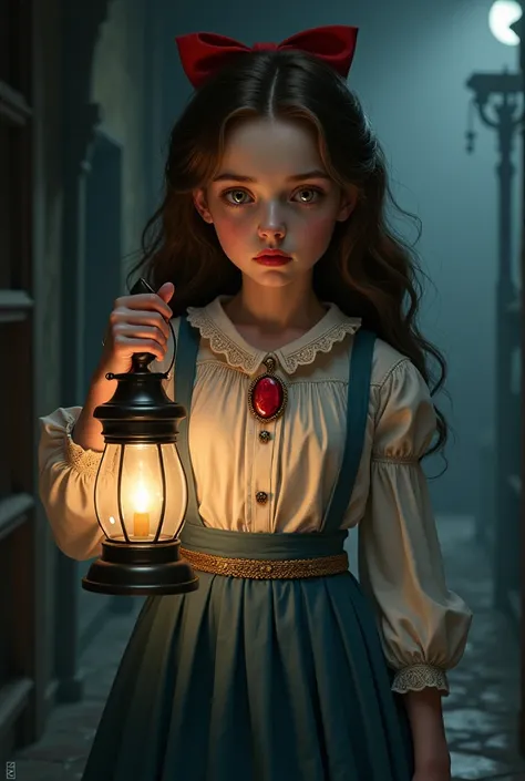 A semirealistic young girl in a dark misterious room holding a Lantern.She Is wearing an early 1900s outfit:a long puffed sleeved shirt with a Ruby gen pin with golden detailes and a long blue victorian shirt.The woman has light brown long curly hair with ...