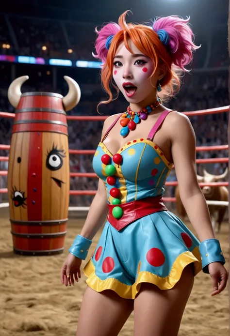 cute yuna, 2, sexy rodeo clown, crazy clown makeup, in the middle of the rodeo ring, action pose taunting extremely aroused minotaur, colorful barrel nearby, 8k, high quality, masterpiece, hyper detailed, realistic, cinematic lighting, vibrant colors, dram...