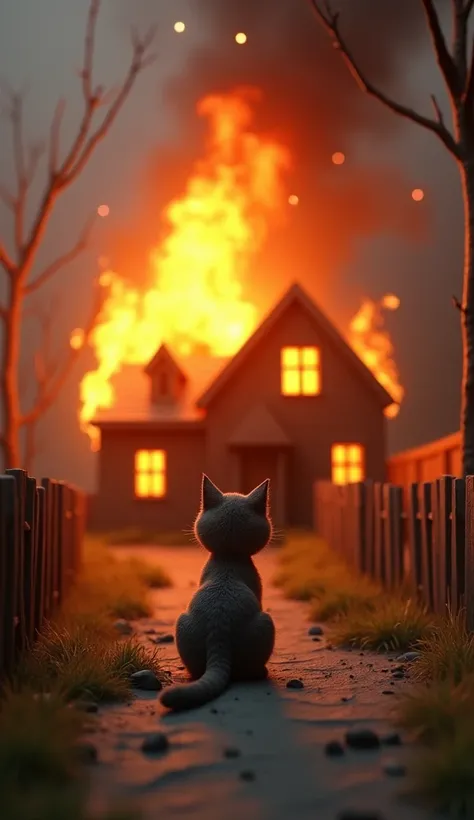 seen from the front of the residents the cat saw the house burning badly, gaya claymation 3D.