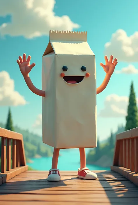 An image of a milk carton on a bridge with arms waving