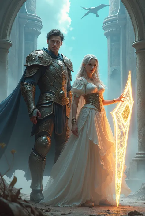 fullbody view, final Fantasy style, a handsome man, clear face, wear heavy guardian clothes, alert poses with huge light shield, eyes pierce ahead , behind him, a beautiful woman as paladin. wear intricately long light dress, casting a spell, causes aurora...