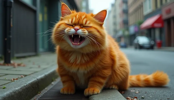 A big orange cat sits in front of a drain on the street and cries