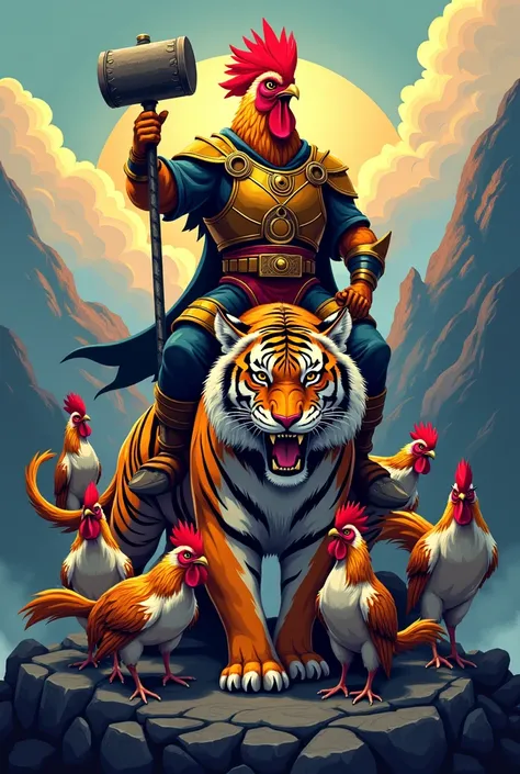 Logo de team combat de coq nommé Andakana akoho avec de combinaison de Coq combattants  coloré en or assis au dessus dun tigre dans une montagne  et voir 6 coq comme leur esclaves qui sincline devant lui..et dans sa main droite il y a des marteau de thor