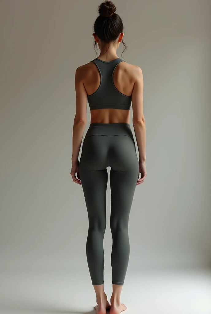 (photorealism:1.2), small height woman in tight yoga pans, view from back, wearing S yoga pants 