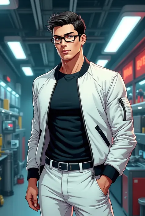 (Panorama) In serious 3D comic style. The whole look of Eron Mask is a handsome man of average height and athletic build. He has short, dark hair and piercing, szare oczy, which are often hidden behind glasses. His face is usually serious and focused., but...