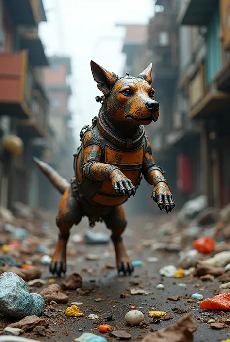 a dog made with trash in jumping in trash in polluted city