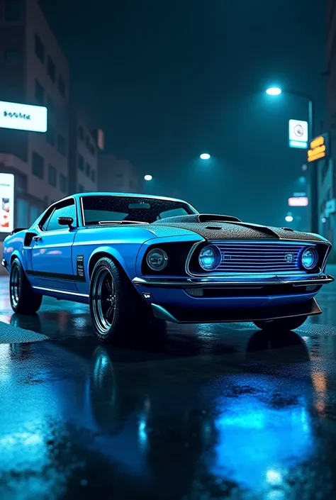 A blue neon mustang 1969 car